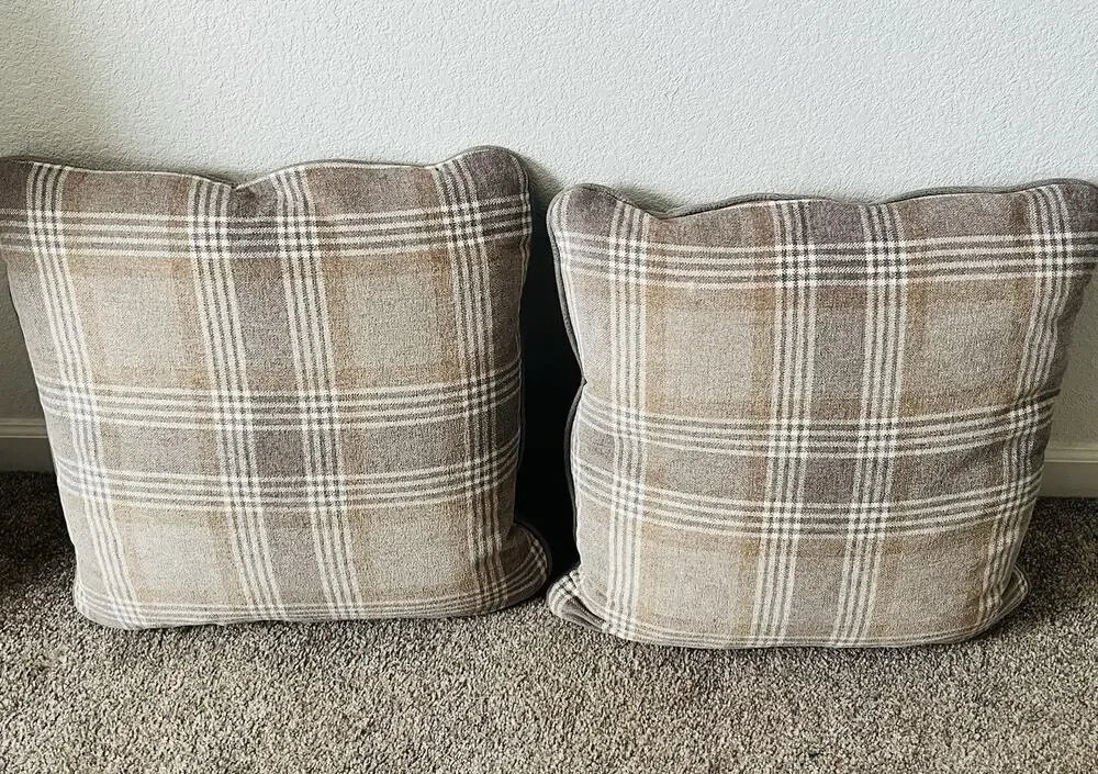 Set 2 Plaid 100% Waterfowl Feather Pillows Beige Tan Gray Grey Checkered Suede